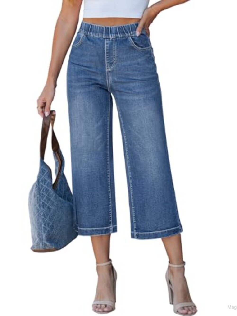 Women's High Waisted Wide Leg Pull On Elastic Waist Stretch Denim Capri Pants